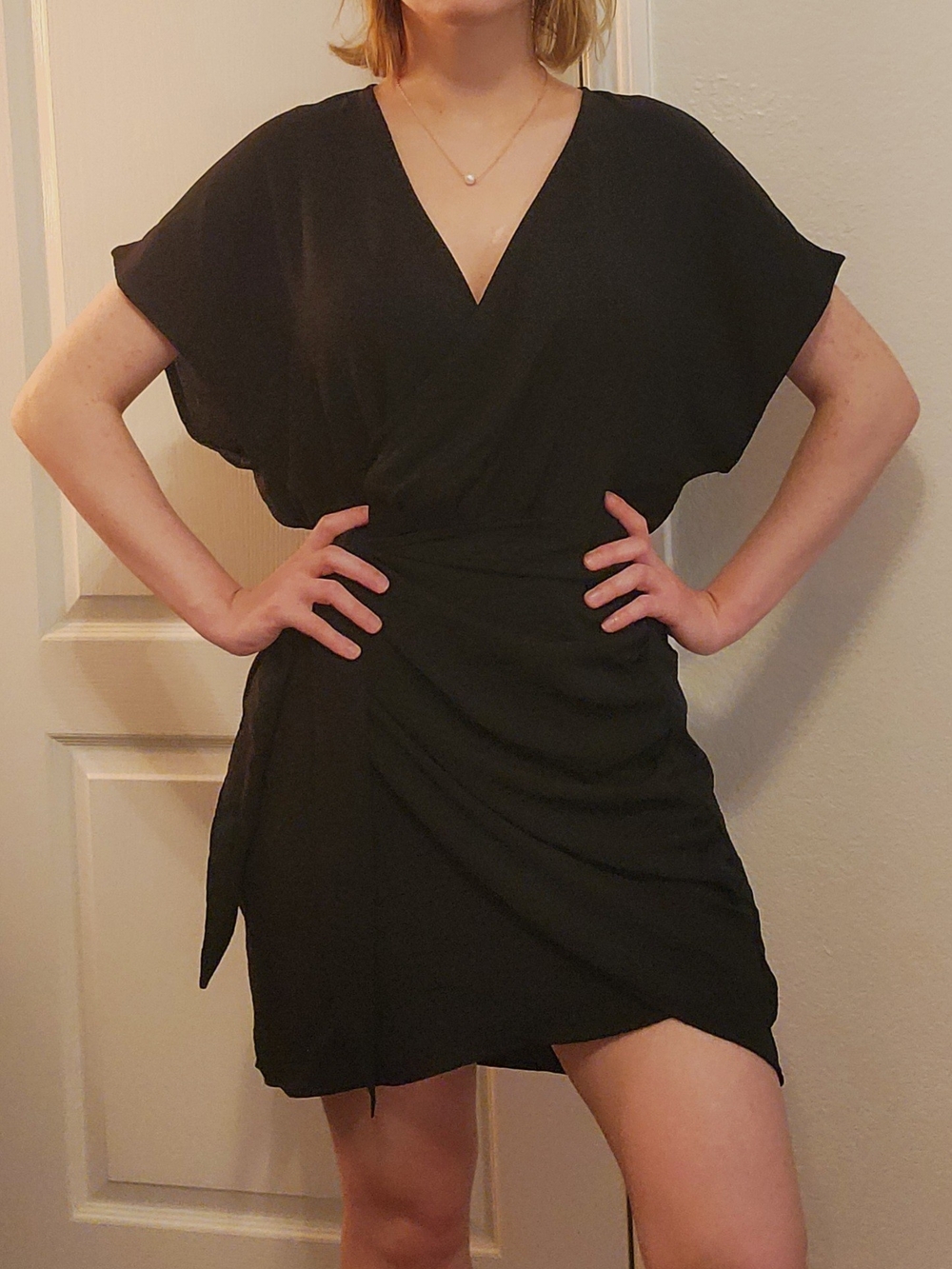 SHEIN Black Short Sleeve V-Neck Faux Wrap Mini Dress Side Tie L